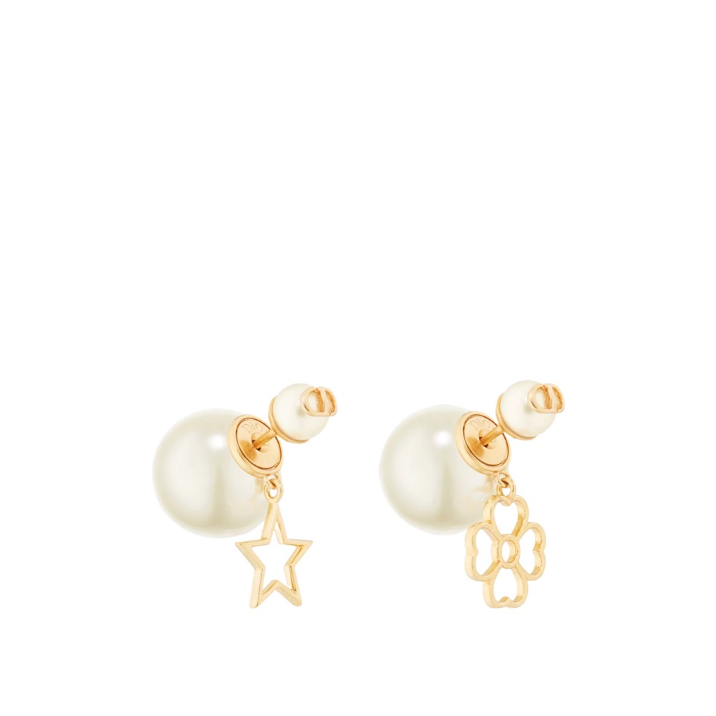 Dior Pearl Stud Earrings With Gold Star And Flower Charms